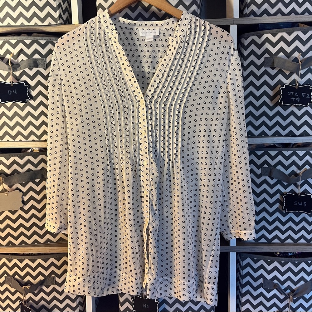 Charter Club Black and White 3/4 Sleeve Pleated Blouse